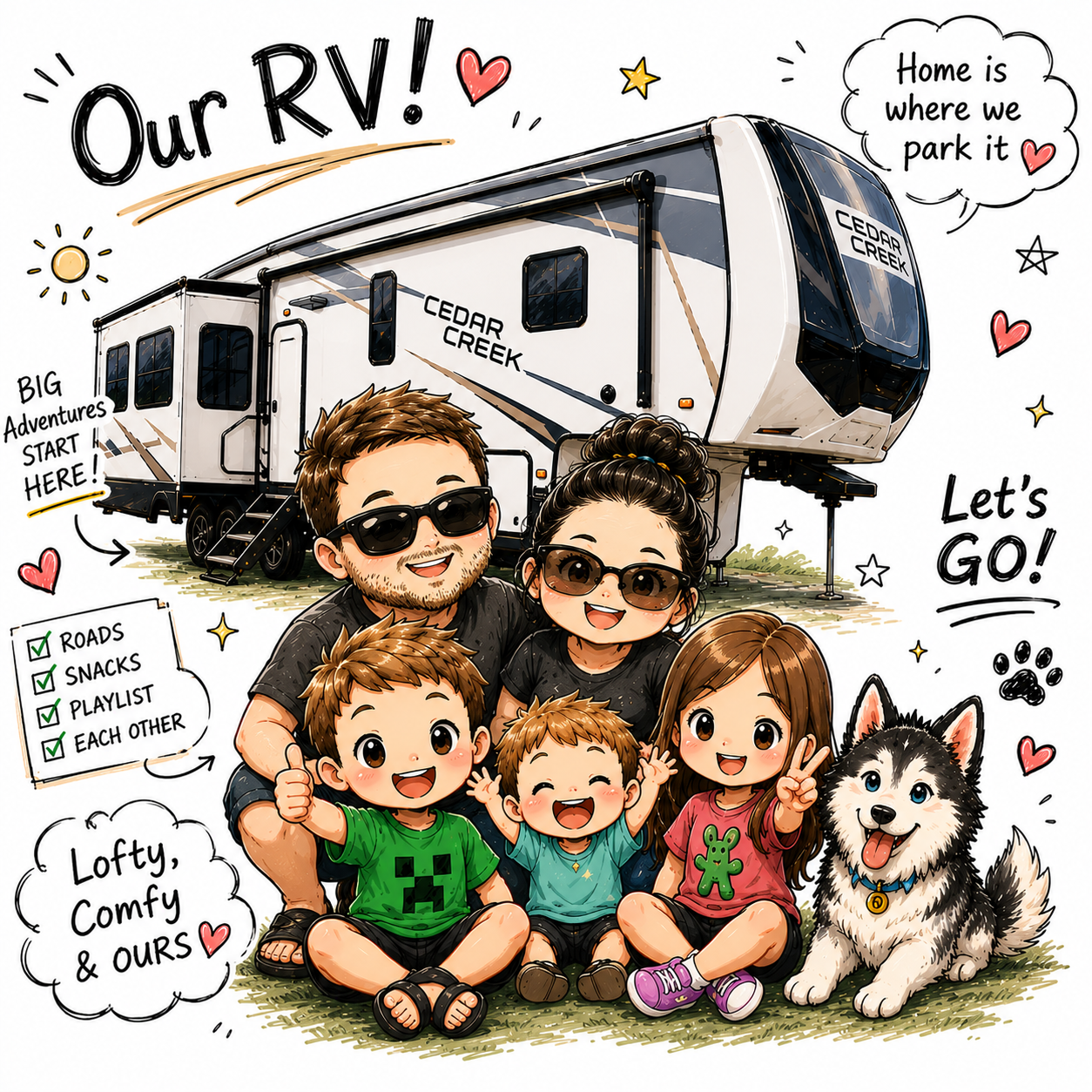 Illustration of the founder family with their Cedar Creek RV