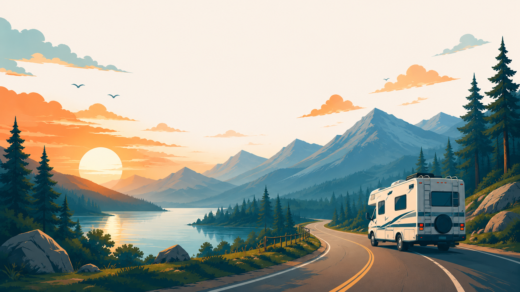 RV driving on a winding mountain road near a lake at sunset